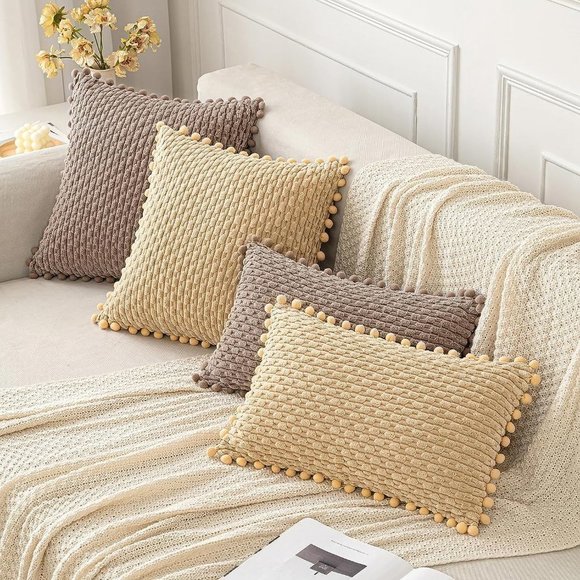 Pompom Tan Stripe Texture Corduroy Farmhouse Cute Luxury Soft Pillow Cover Set - Picture 2 of 7